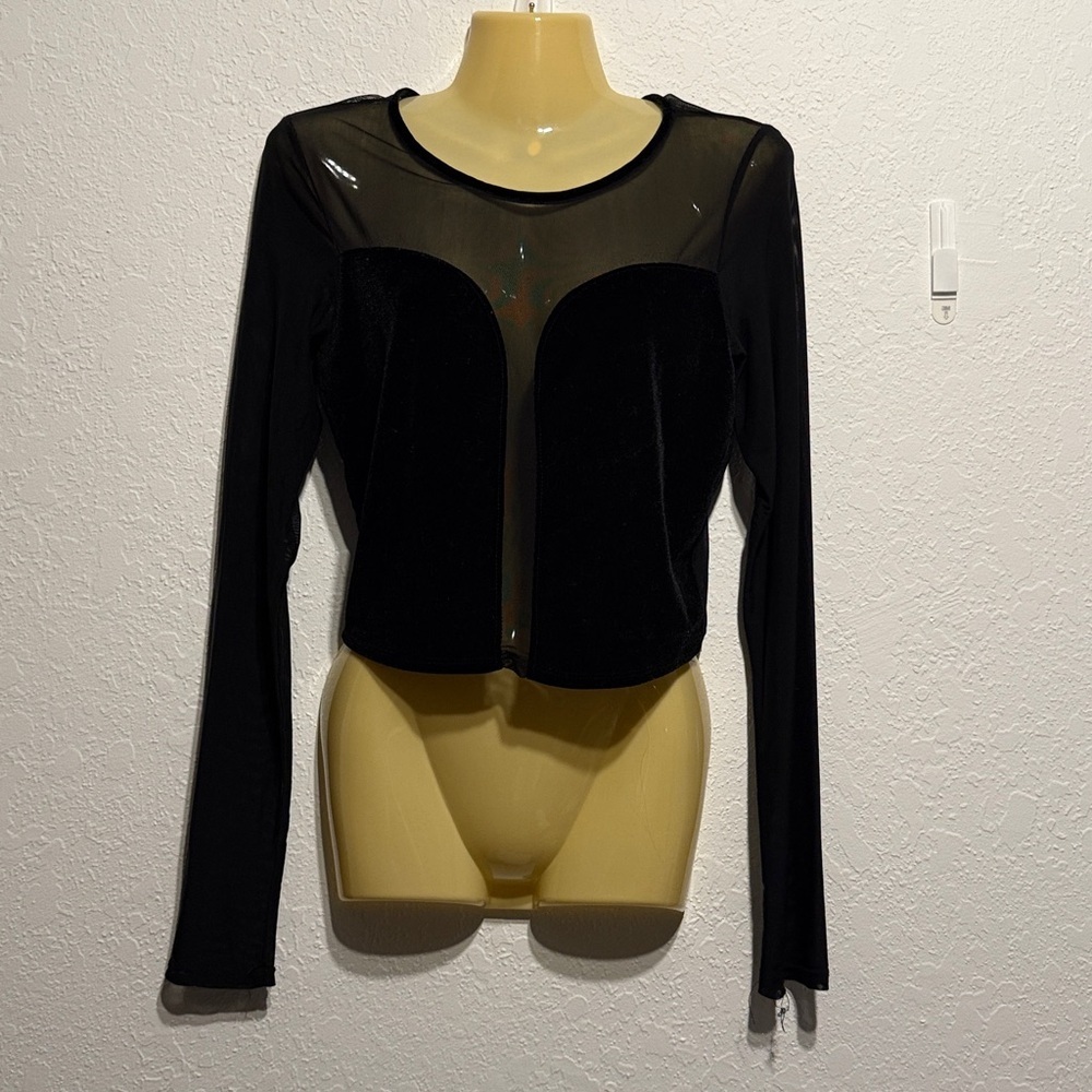 Bozzolo Black Mesh & Velvet Crop Top L Goth Night Out Edgy Concert Club Peekaboo